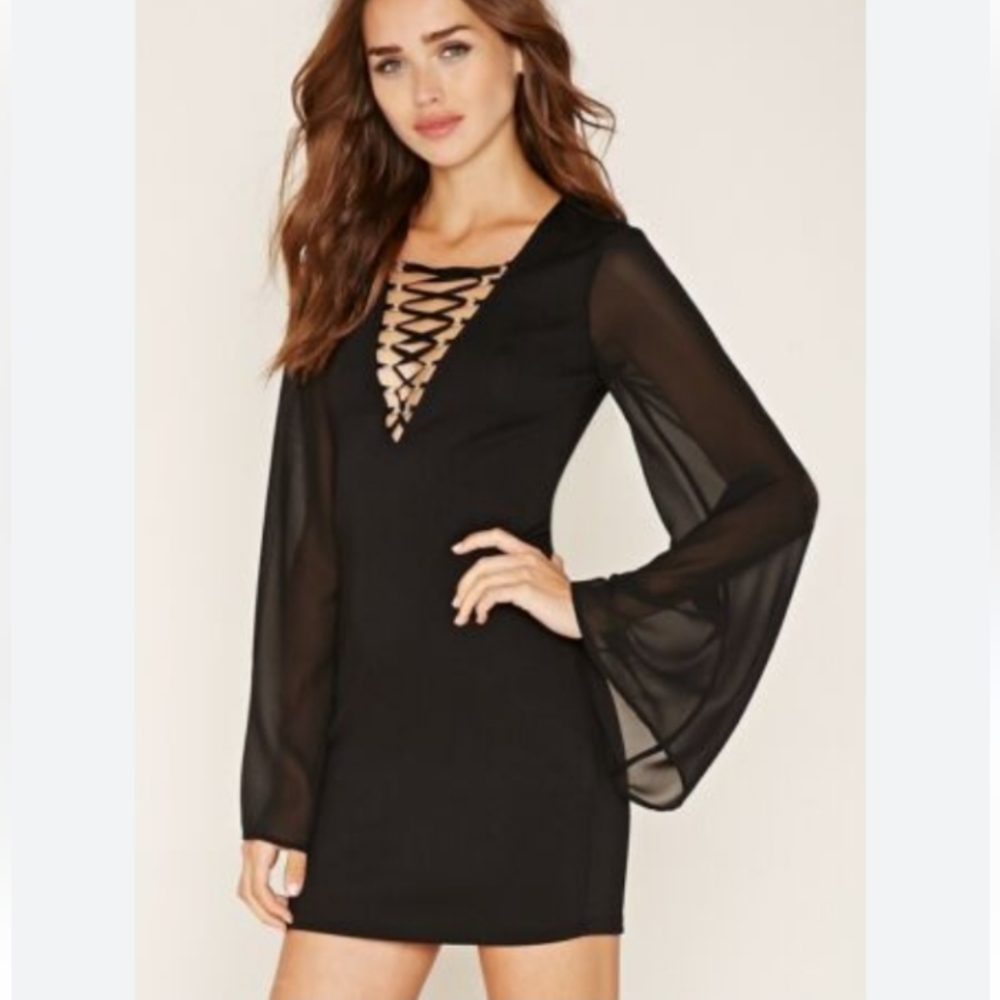 Forever21 BLACK MINI DRESS WITH FRONT LACES AND SHEER BELL SLEEVES, SMALL